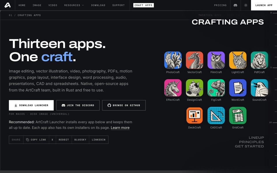 The ArtCraft Crafting Apps page listing all thirteen apps