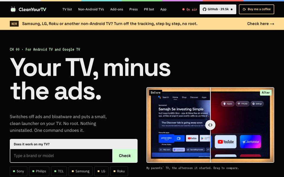 The CleanYourTV home page, showing a TV home screen before and after
